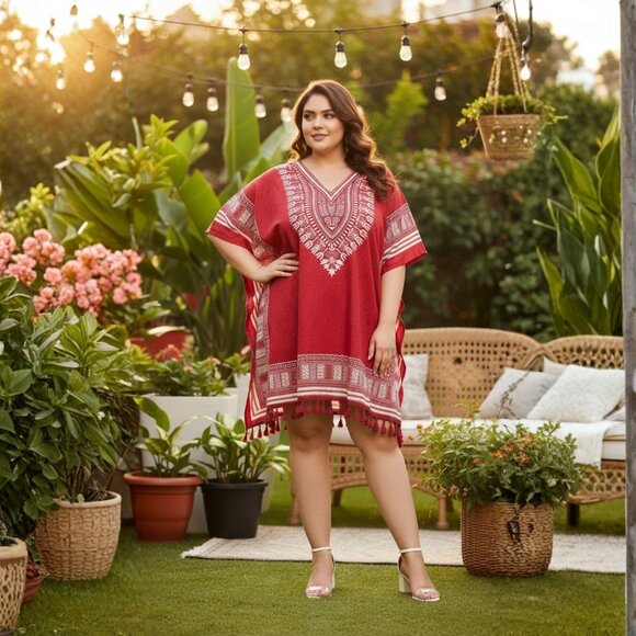 Gypsie Blu Tops - Dashiki Printed Red Polyester Short Caftan Tunic Dress for Women by Gypsie Blu